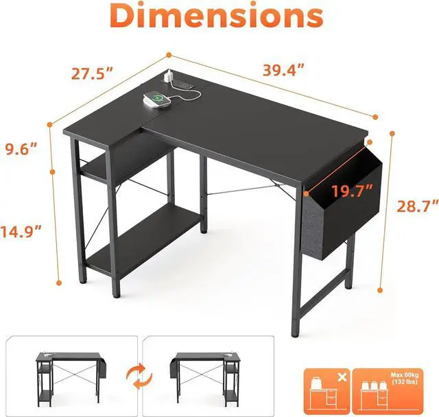 Alt view image 2 of 6 - Small L Shaped Computer Desk with Power Outlets, Gaming Desk for Small Spaces, Corner Desk with Reversible Storage Shelves, Study Writing Table for Home Office