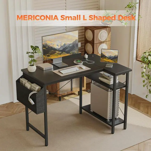 Alt view image 3 of 6 - Small L Shaped Computer Desk with Power Outlets, Gaming Desk for Small Spaces, Corner Desk with Reversible Storage Shelves, Study Writing Table for Home Office