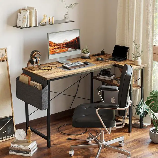 Alt view image 2 of 7 - TIQLAB Small Computer Desk with Power Outlets, 40 Inch L Shaped Desk with Reversible Shelves, Gaming Desk Corner Desk Study Writing Desk for Home Office Bedroom Small Space, Rustic Brown