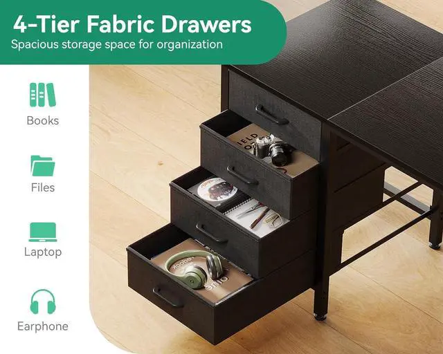 Alt view image 4 of 6 - Casaottima 40-Inch Small Computer Desk with 4 Fabric Drawers  Home Office Desks with Storage, Writing Desk with Side Hook and Cloth Bag, Modern Study/Work Table for Bedroom and Small Space, Black