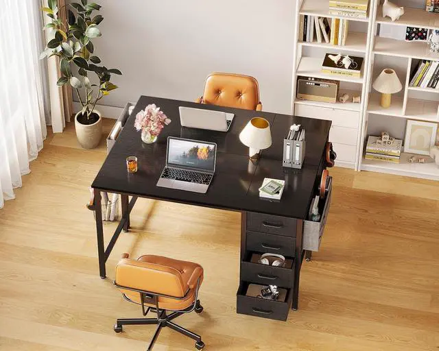 Alt view image 6 of 6 - Casaottima 40-Inch Small Computer Desk with 4 Fabric Drawers  Home Office Desks with Storage, Writing Desk with Side Hook and Cloth Bag, Modern Study/Work Table for Bedroom and Small Space, Black