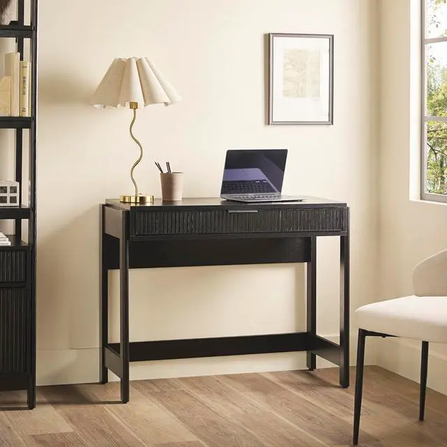 Alt view image 2 of 7 - Walker Edison Transitional Office Design, Reeded Drawer Front Detail, Writing Desk with Drawer, Spacious Desktop, Complementary in Living Spaces, 38W x 16.75D x 30H, Black