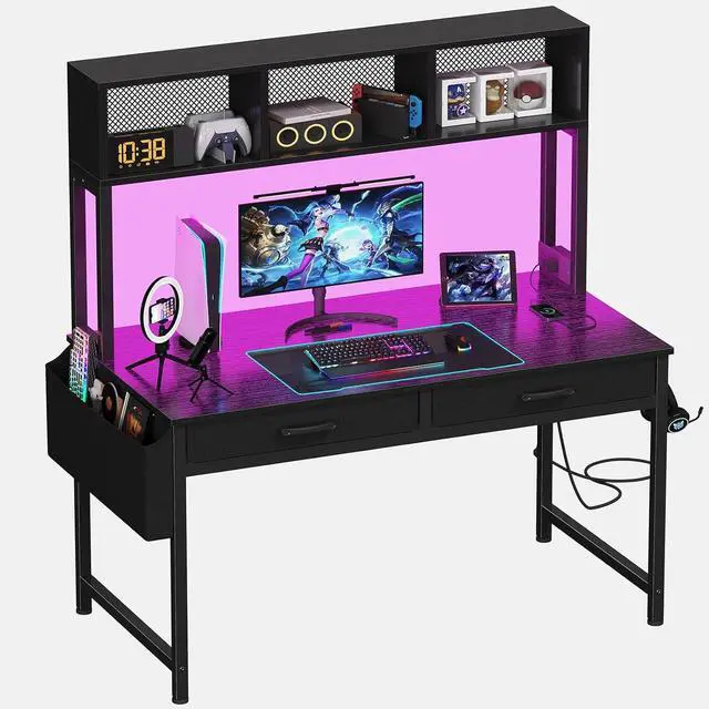 Main image of Black Gaming Desk with Hutch and Shelves - Gaming Computer Desk with 2 Storage Drawers, LED Light and Power Outlets, 47 Inch Working Modern Writing Study Desks for Bedroom Home Office