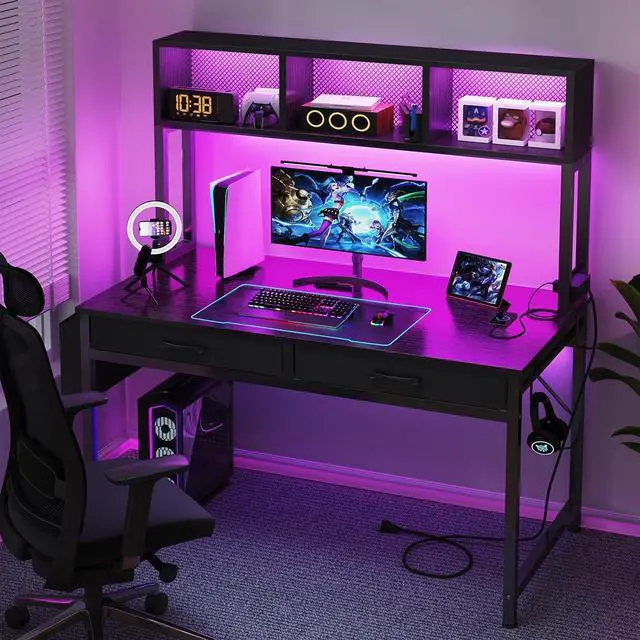 Alt view image 2 of 7 - Black Gaming Desk with Hutch and Shelves - Gaming Computer Desk with 2 Storage Drawers, LED Light and Power Outlets, 47 Inch Working Modern Writing Study Desks for Bedroom Home Office