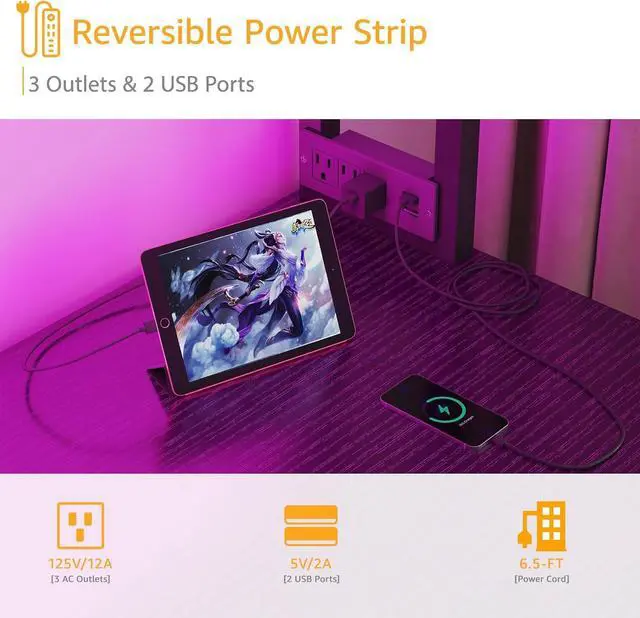 Alt view image 4 of 7 - Black Gaming Desk with Hutch and Shelves - Gaming Computer Desk with 2 Storage Drawers, LED Light and Power Outlets, 47 Inch Working Modern Writing Study Desks for Bedroom Home Office