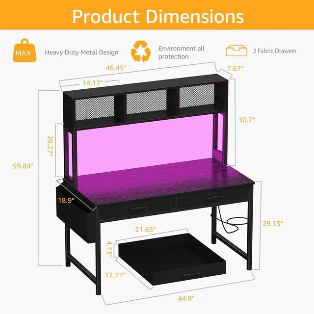 Alt view image 3 of 7 - Black Gaming Desk with Hutch and Shelves - Gaming Computer Desk with 2 Storage Drawers, LED Light and Power Outlets, 47 Inch Working Modern Writing Study Desks for Bedroom Home Office