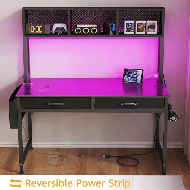 Alt view image 5 of 7 - Black Gaming Desk with Hutch and Shelves - Gaming Computer Desk with 2 Storage Drawers, LED Light and Power Outlets, 47 Inch Working Modern Writing Study Desks for Bedroom Home Office