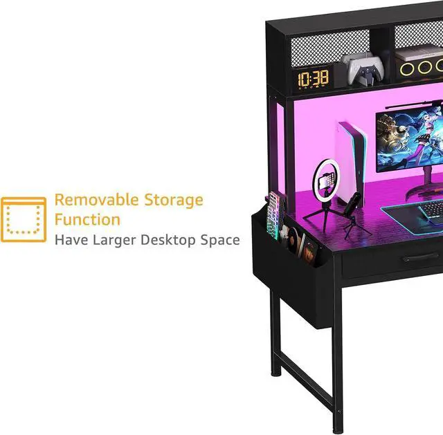Alt view image 6 of 7 - Black Gaming Desk with Hutch and Shelves - Gaming Computer Desk with 2 Storage Drawers, LED Light and Power Outlets, 47 Inch Working Modern Writing Study Desks for Bedroom Home Office