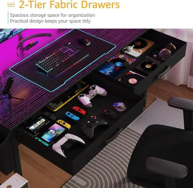 Alt view image 7 of 7 - Black Gaming Desk with Hutch and Shelves - Gaming Computer Desk with 2 Storage Drawers, LED Light and Power Outlets, 47 Inch Working Modern Writing Study Desks for Bedroom Home Office