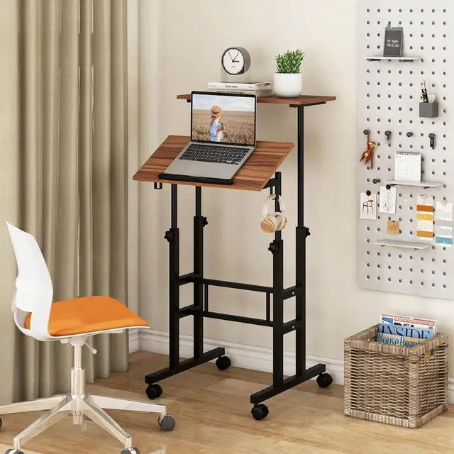 Alt view image 2 of 7 - Tangkula Mobile Standing Desk, Height-Adjustable Laptop Podium Cart with Tilting Tabletop & Adjustable Angle, Rolling Stand Up Computer Desk with 2 Hanging Hooks & Lockable Casters for Home Office