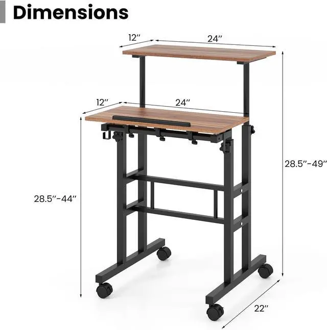Alt view image 3 of 7 - Tangkula Mobile Standing Desk, Height-Adjustable Laptop Podium Cart with Tilting Tabletop & Adjustable Angle, Rolling Stand Up Computer Desk with 2 Hanging Hooks & Lockable Casters for Home Office
