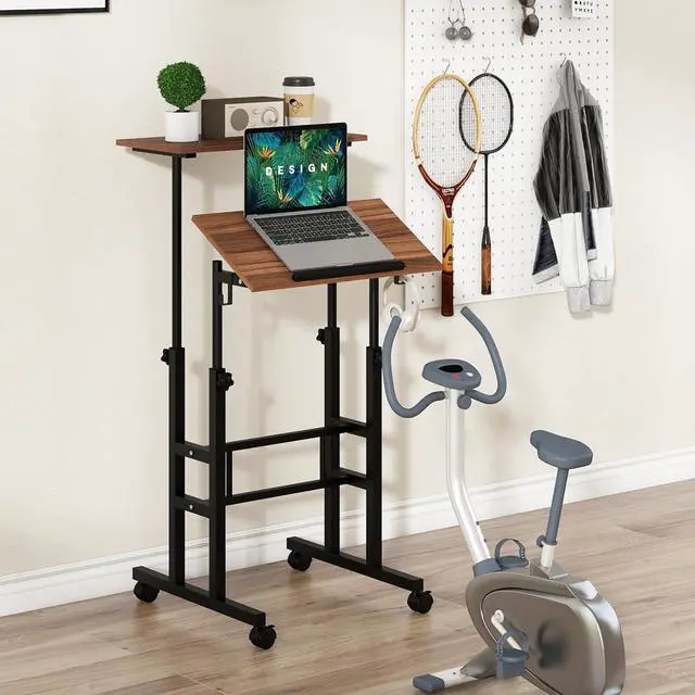 Alt view image 5 of 7 - Tangkula Mobile Standing Desk, Height-Adjustable Laptop Podium Cart with Tilting Tabletop & Adjustable Angle, Rolling Stand Up Computer Desk with 2 Hanging Hooks & Lockable Casters for Home Office