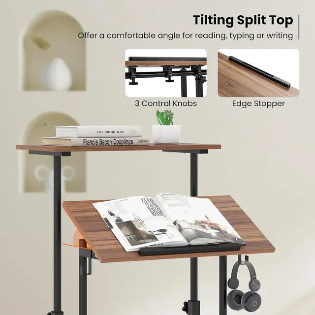 Alt view image 7 of 7 - Tangkula Mobile Standing Desk, Height-Adjustable Laptop Podium Cart with Tilting Tabletop & Adjustable Angle, Rolling Stand Up Computer Desk with 2 Hanging Hooks & Lockable Casters for Home Office