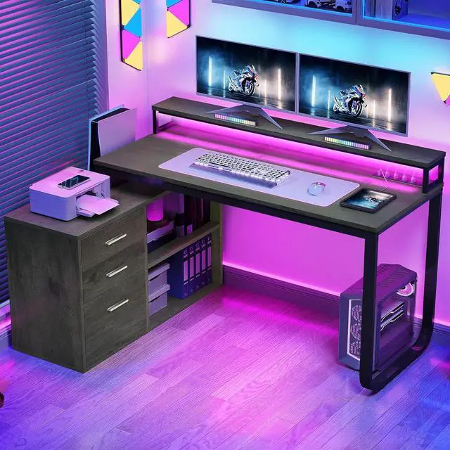 Main image of DWVO L Shaped Desk with Power Outlets, 55" Computer Desk with Drawers & LED Lights, Corner Desk Home Office Desk with File Cabinet, Grey