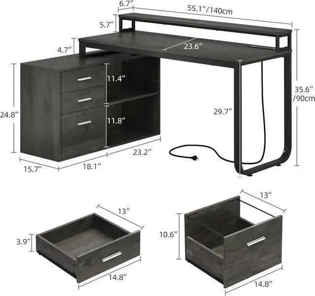 Alt view image 2 of 7 - DWVO L Shaped Desk with Power Outlets, 55" Computer Desk with Drawers & LED Lights, Corner Desk Home Office Desk with File Cabinet, Grey