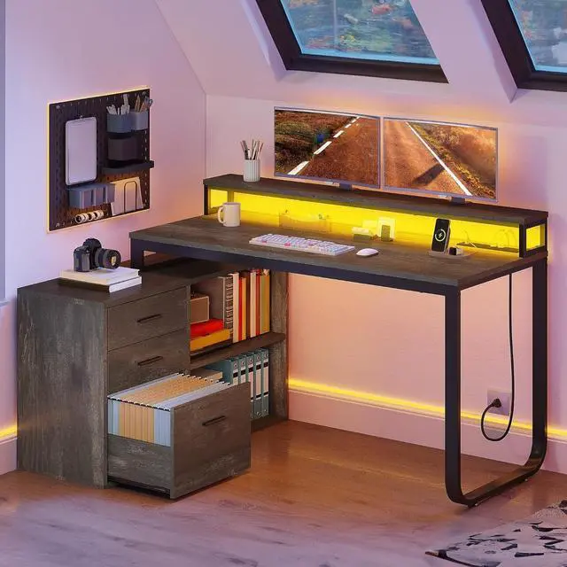 Alt view image 3 of 7 - DWVO L Shaped Desk with Power Outlets, 55" Computer Desk with Drawers & LED Lights, Corner Desk Home Office Desk with File Cabinet, Grey