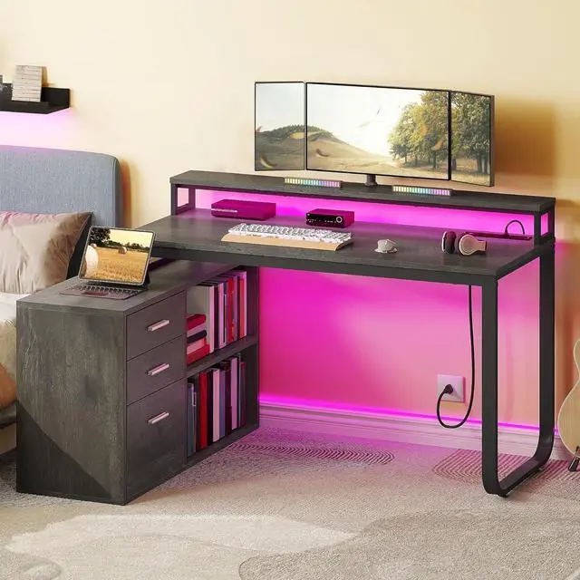 Alt view image 4 of 7 - DWVO L Shaped Desk with Power Outlets, 55" Computer Desk with Drawers & LED Lights, Corner Desk Home Office Desk with File Cabinet, Grey