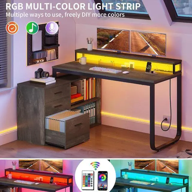 Alt view image 5 of 7 - DWVO L Shaped Desk with Power Outlets, 55" Computer Desk with Drawers & LED Lights, Corner Desk Home Office Desk with File Cabinet, Grey