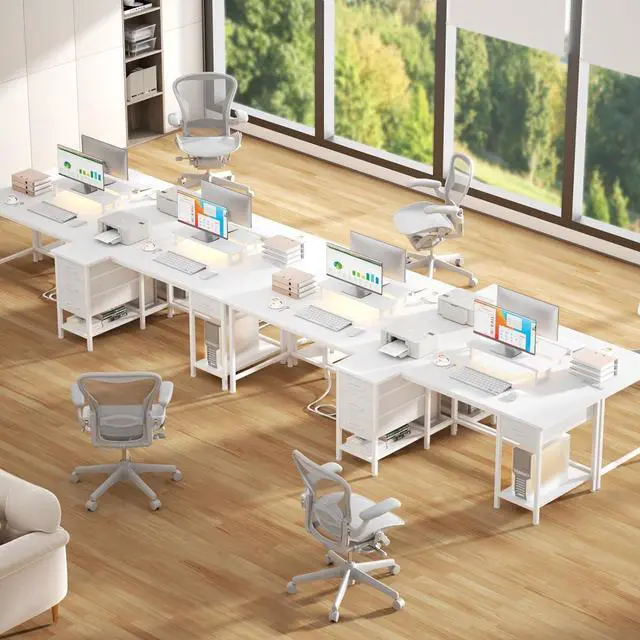 Alt view image 2 of 7 - 93" White 2 Person Office Desk, Long Computer Gaming Desk with Power Outlets & LED Lights, Large Home Office Desk with 4 Storage Drawers & 2 Monitor Stand for Work Writing Study