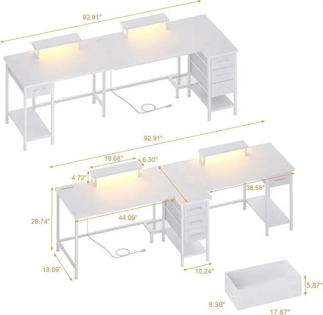 Alt view image 3 of 7 - 93" White 2 Person Office Desk, Long Computer Gaming Desk with Power Outlets & LED Lights, Large Home Office Desk with 4 Storage Drawers & 2 Monitor Stand for Work Writing Study
