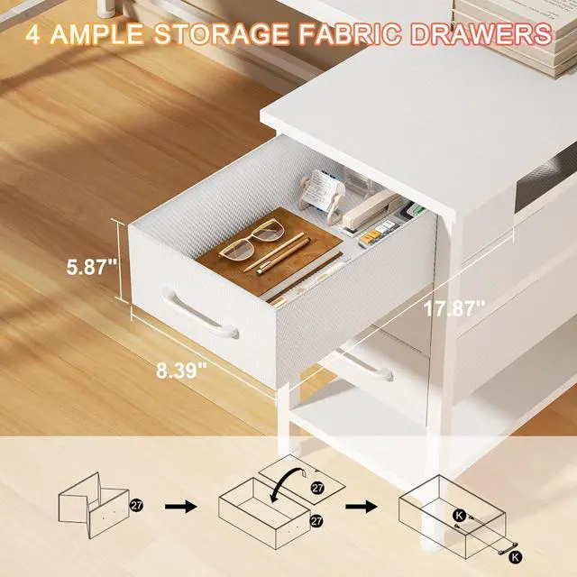 Alt view image 4 of 7 - 93" White 2 Person Office Desk, Long Computer Gaming Desk with Power Outlets & LED Lights, Large Home Office Desk with 4 Storage Drawers & 2 Monitor Stand for Work Writing Study