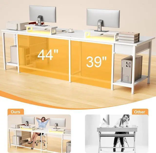 Alt view image 6 of 7 - 93" White 2 Person Office Desk, Long Computer Gaming Desk with Power Outlets & LED Lights, Large Home Office Desk with 4 Storage Drawers & 2 Monitor Stand for Work Writing Study