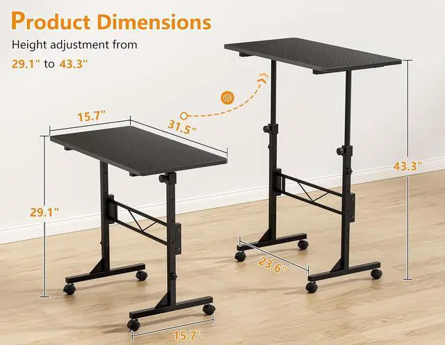 Alt view image 3 of 7 - HOMIDEC Standing Desk, 32 Inch Portable Small Desk Adjustable Height, Rolling Home Office Desks with Wheels, Sit Stand Desk for Bedroom Walking Pad Home Office Small Space, Black