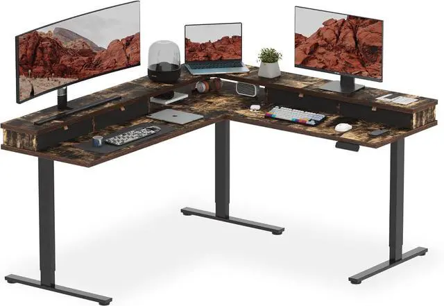 Main image of SANODESK 71" L Shaped Standing Desk with 4 Drawers, Height Adjustable Stand up Desk, Corner Gaming Desk with Monitor Stand, Black Frame/Rustic Brown Top
