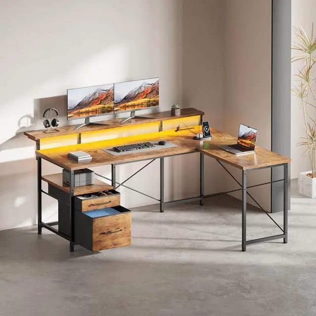 Alt view image 2 of 7 - 63" Gaming Desk with LED Lights, L Shaped Desk with Monitor Stand, Computer Desk with Drawers, PC Desk with Outlets, Office Desk with Monitor Stand, Rustic Brown