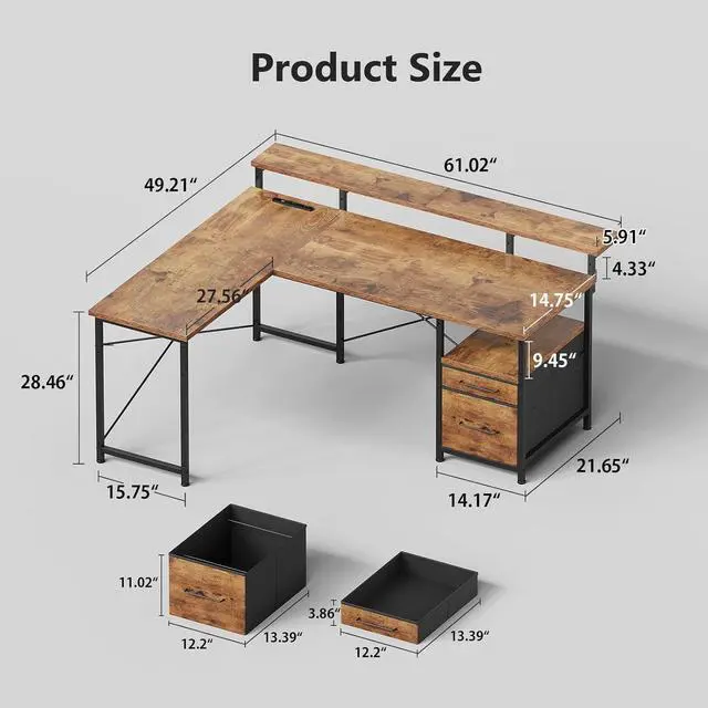 Alt view image 3 of 7 - 63" Gaming Desk with LED Lights, L Shaped Desk with Monitor Stand, Computer Desk with Drawers, PC Desk with Outlets, Office Desk with Monitor Stand, Rustic Brown