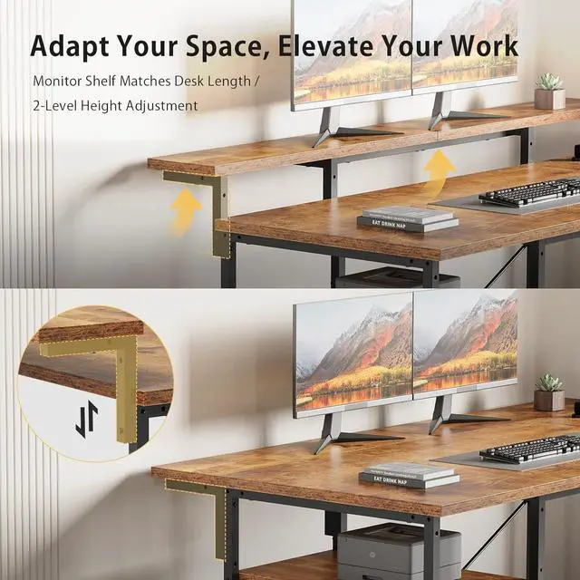 Alt view image 7 of 7 - 63" Gaming Desk with LED Lights, L Shaped Desk with Monitor Stand, Computer Desk with Drawers, PC Desk with Outlets, Office Desk with Monitor Stand, Rustic Brown