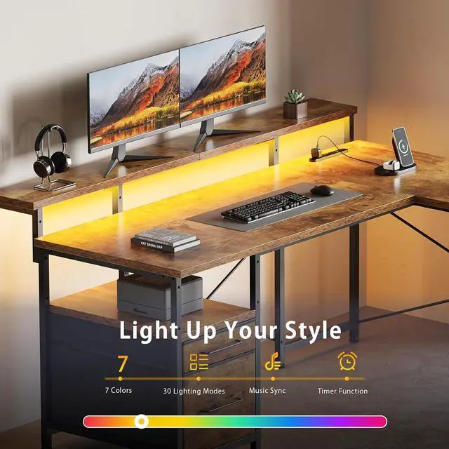 Alt view image 4 of 7 - 63" Gaming Desk with LED Lights, L Shaped Desk with Monitor Stand, Computer Desk with Drawers, PC Desk with Outlets, Office Desk with Monitor Stand, Rustic Brown