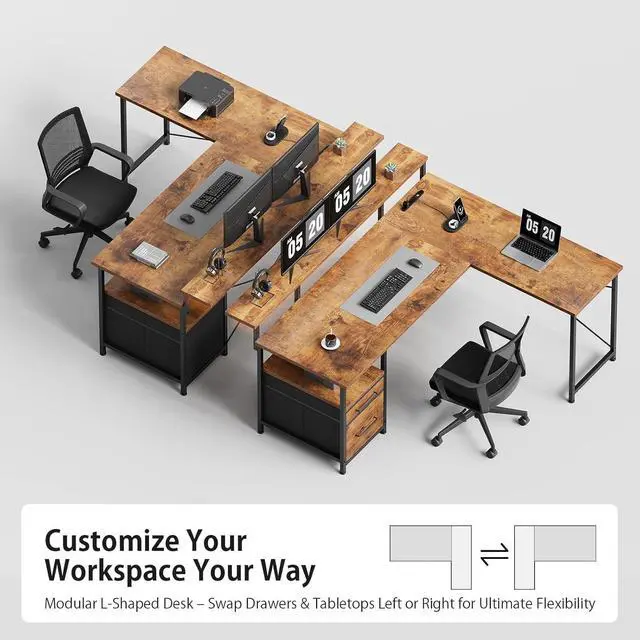 Alt view image 6 of 7 - 63" Gaming Desk with LED Lights, L Shaped Desk with Monitor Stand, Computer Desk with Drawers, PC Desk with Outlets, Office Desk with Monitor Stand, Rustic Brown