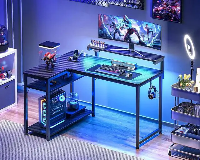 Alt view image 2 of 7 - MOTPK L Shaped Gaming Desk with Power Outlet, Reversible Gaming Desk with Height Adjustable Monitor Stand, Gaming Computer Desk 43inch with LED Lights, Home Office Desk, Black