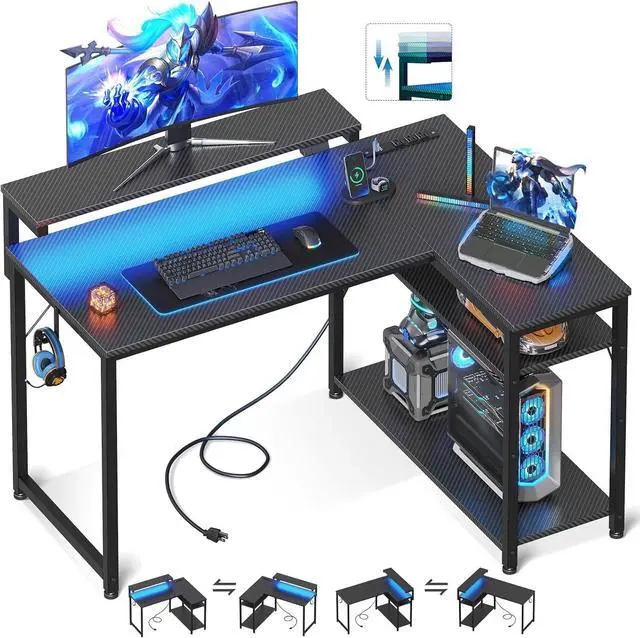 Main image of MOTPK L Shaped Gaming Desk with Power Outlet, Reversible Gaming Desk with Height Adjustable Monitor Stand, Gaming Computer Desk 43inch with LED Lights, Home Office Desk, Black