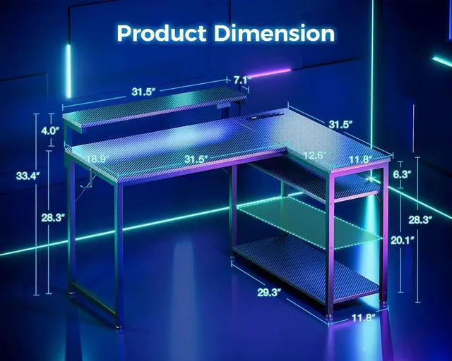 Alt view image 3 of 7 - MOTPK L Shaped Gaming Desk with Power Outlet, Reversible Gaming Desk with Height Adjustable Monitor Stand, Gaming Computer Desk 43inch with LED Lights, Home Office Desk, Black