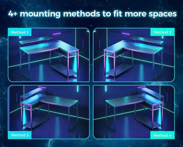 Alt view image 4 of 7 - MOTPK L Shaped Gaming Desk with Power Outlet, Reversible Gaming Desk with Height Adjustable Monitor Stand, Gaming Computer Desk 43inch with LED Lights, Home Office Desk, Black