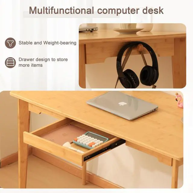 Alt view image 4 of 6 - Maydear 47" Bamboo Multipurpose Study Writing Desk with Drawer, Modern Simple Computer & Laptop Table Dining Table for Bedroom, Living Room, Home and Office, Kitchen, Natural