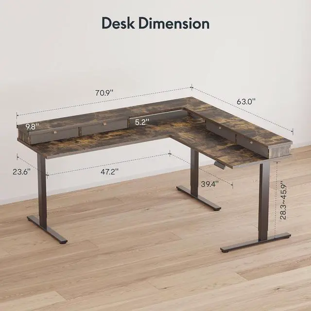 Alt view image 3 of 7 - SANODESK 71" L Shaped Standing Desk with 4 Drawers, Height Adjustable Stand up Desk, Corner Gaming Desk with Monitor Stand, Black Frame/Rustic Brown Top