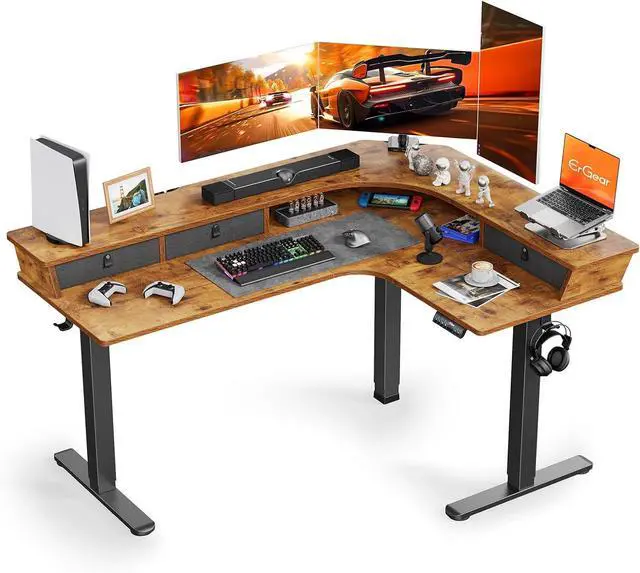 Main image of ErGear Electric L Shaped Standing Desk, 65'' Height Adjustable Corner Stand up Desk with 3 Drawers & 2 Cable Management Trays, Modern Home Office Computer Workstation, Vintage Brown