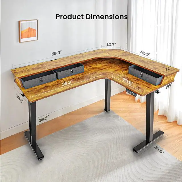 Alt view image 2 of 7 - ErGear Electric L Shaped Standing Desk, 65'' Height Adjustable Corner Stand up Desk with 3 Drawers & 2 Cable Management Trays, Modern Home Office Computer Workstation, Vintage Brown