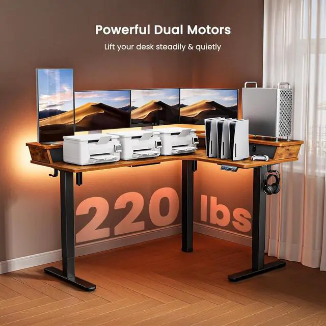 Alt view image 5 of 7 - ErGear Electric L Shaped Standing Desk, 65'' Height Adjustable Corner Stand up Desk with 3 Drawers & 2 Cable Management Trays, Modern Home Office Computer Workstation, Vintage Brown