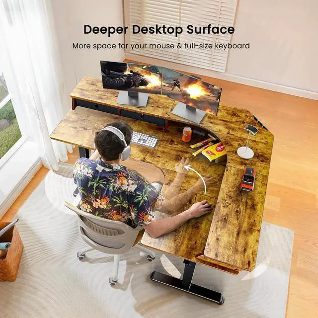 Alt view image 6 of 7 - ErGear Electric L Shaped Standing Desk, 65'' Height Adjustable Corner Stand up Desk with 3 Drawers & 2 Cable Management Trays, Modern Home Office Computer Workstation, Vintage Brown