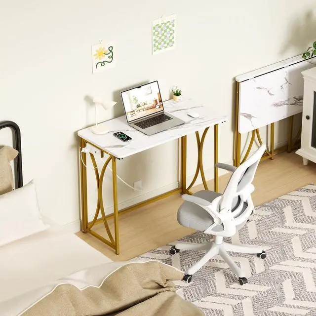 Alt view image 2 of 7 - Folding Desk, 31.5" Small Desk for Bedroom with Power Outlet, Space Saving Foldable Computer Desk for Home Office, Easy Assembly, White and Gold