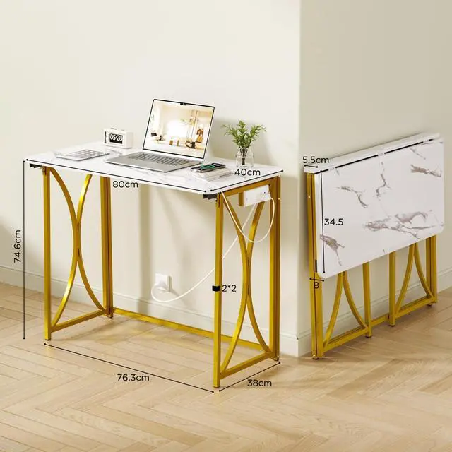 Alt view image 3 of 7 - Folding Desk, 31.5" Small Desk for Bedroom with Power Outlet, Space Saving Foldable Computer Desk for Home Office, Easy Assembly, White and Gold