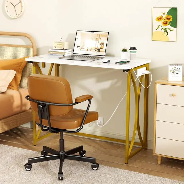 Alt view image 5 of 7 - Folding Desk, 31.5" Small Desk for Bedroom with Power Outlet, Space Saving Foldable Computer Desk for Home Office, Easy Assembly, White and Gold