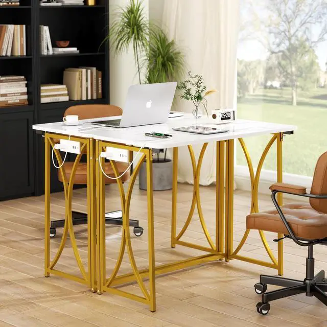 Alt view image 6 of 7 - Folding Desk, 31.5" Small Desk for Bedroom with Power Outlet, Space Saving Foldable Computer Desk for Home Office, Easy Assembly, White and Gold
