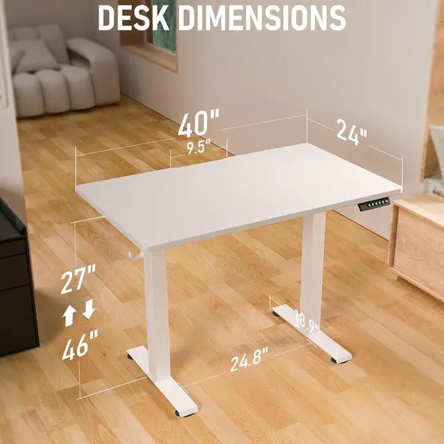 Alt view image 3 of 7 - 40" x 24" Electric Standing Desk, Adjustable Height Sit Stand Desk with 3 Preset Heights & 2 Hook, Electric Desk for Home Office Gaming, White