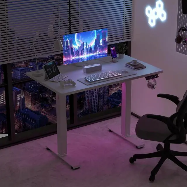 Alt view image 6 of 7 - 40" x 24" Electric Standing Desk, Adjustable Height Sit Stand Desk with 3 Preset Heights & 2 Hook, Electric Desk for Home Office Gaming, White