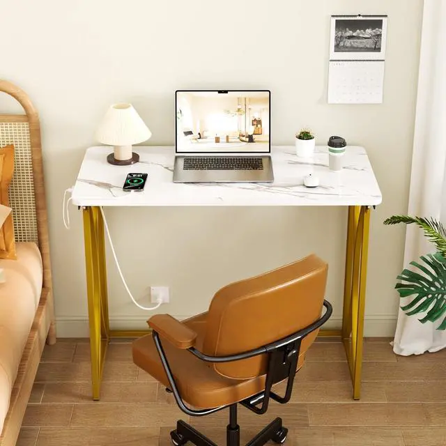 Alt view image 4 of 7 - Folding Desk, 31.5" Small Desk for Bedroom with Power Outlet, Space Saving Foldable Computer Desk for Home Office, Easy Assembly, White and Gold